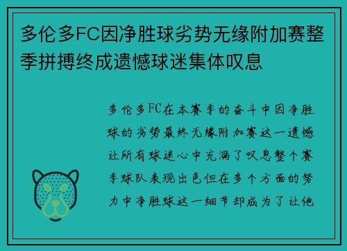 多伦多FC因净胜球劣势无缘附加赛整季拼搏终成遗憾球迷集体叹息